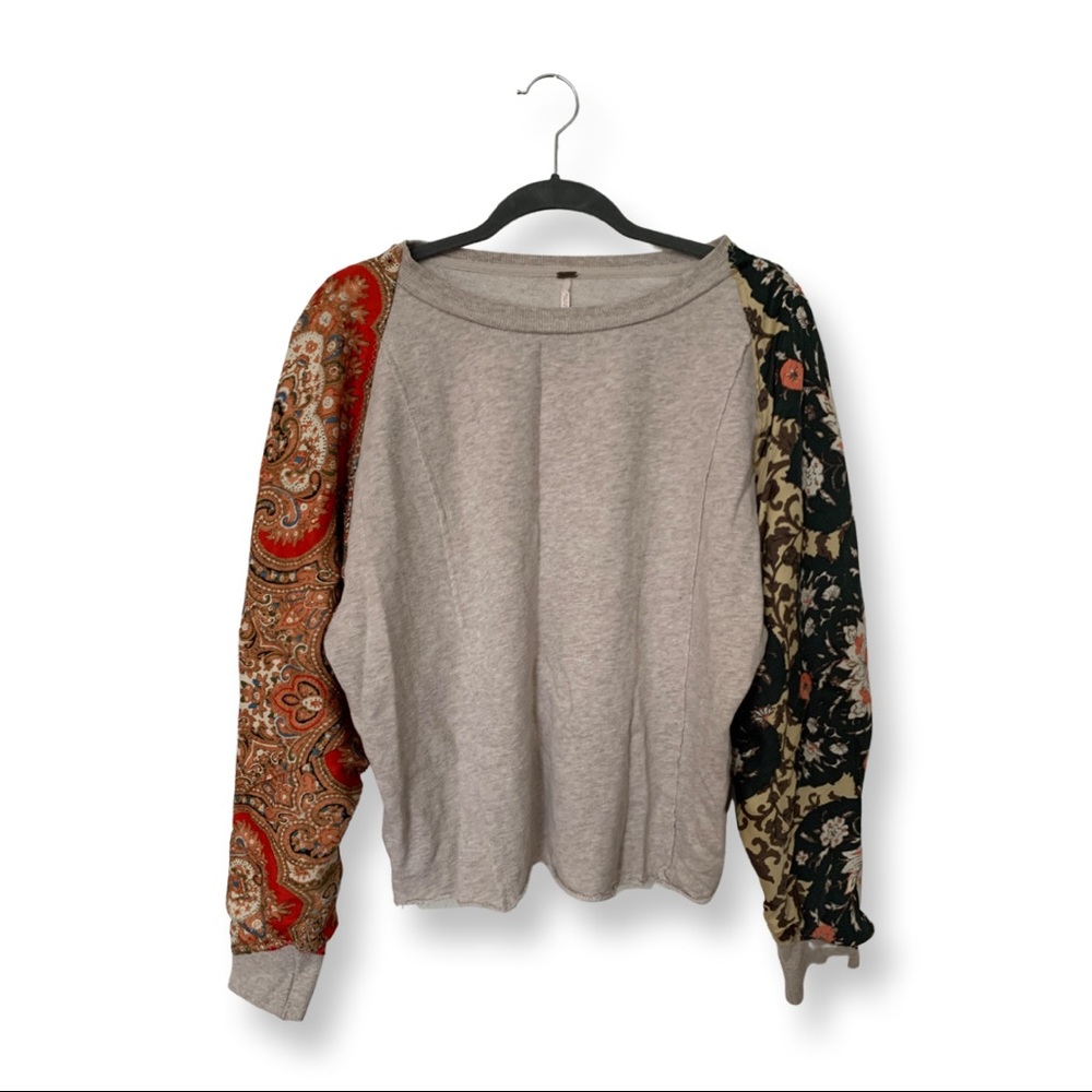 Free People Gray Crewneck Pullover Sweater Silk Pattern Sleeves